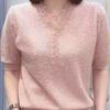 Elegant Embroidered V-Neck Plus Size Women's T-Shirt - Short Sleeve, Comfortable & Fashionable for Middle-aged and Elderly.