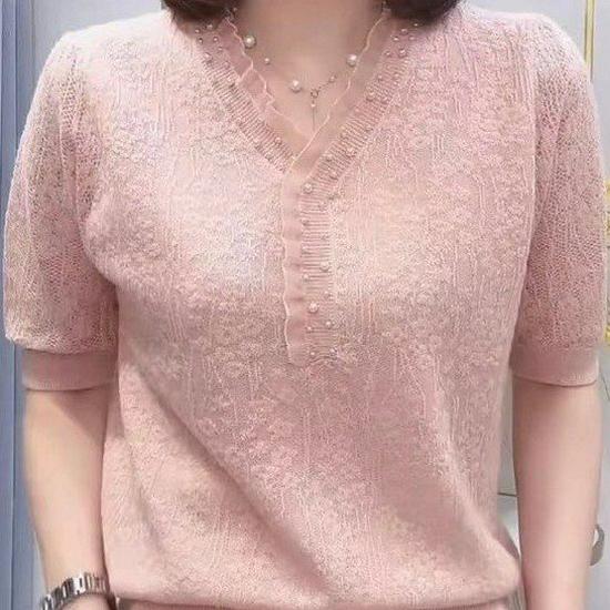 Elegant Embroidered V-Neck Plus Size Women's T-Shirt - Short Sleeve, Comfortable & Fashionable for Middle-aged and Elderly.