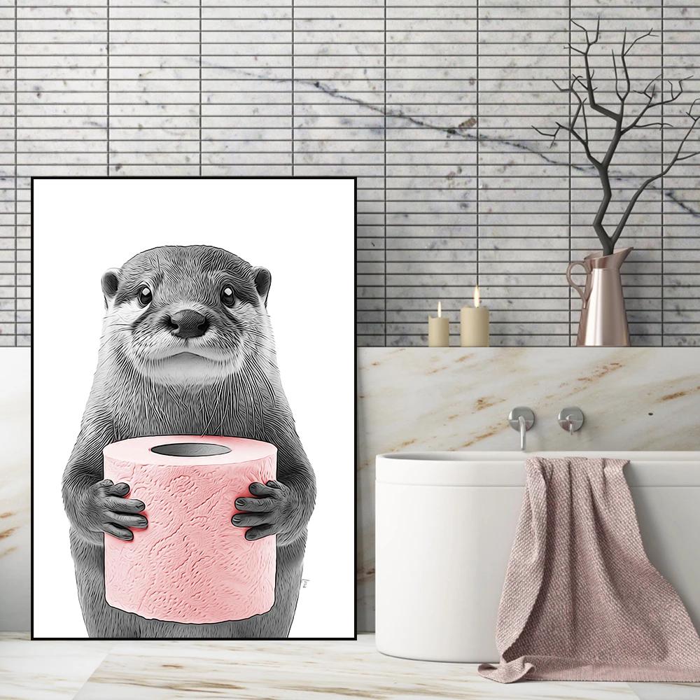 Schwarz und Weiß Niedliches Tier und Toilettenpapier Poster Affe Waschbär Katze Hund Hai Leinwand Malerei Wandkunst Badezimmer Heimdeko