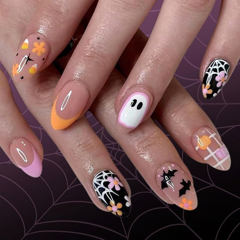 Halloween Press on Nails Medium Almond Fake Nails with Designs Cute Ghost Stick on Nails Rainbow Swirl False Nails Bat Acrylic Nails Cobweb Cute Flower French