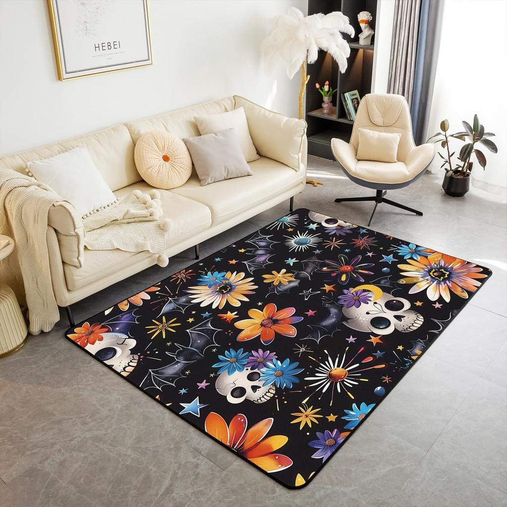Erosebridal Moth Skull Moon Area Rug 4'11" X 3'3" Bohemian Stars Exotic Living Room Rugs Starry Sky Mysterious Decorative Carpet Black and W