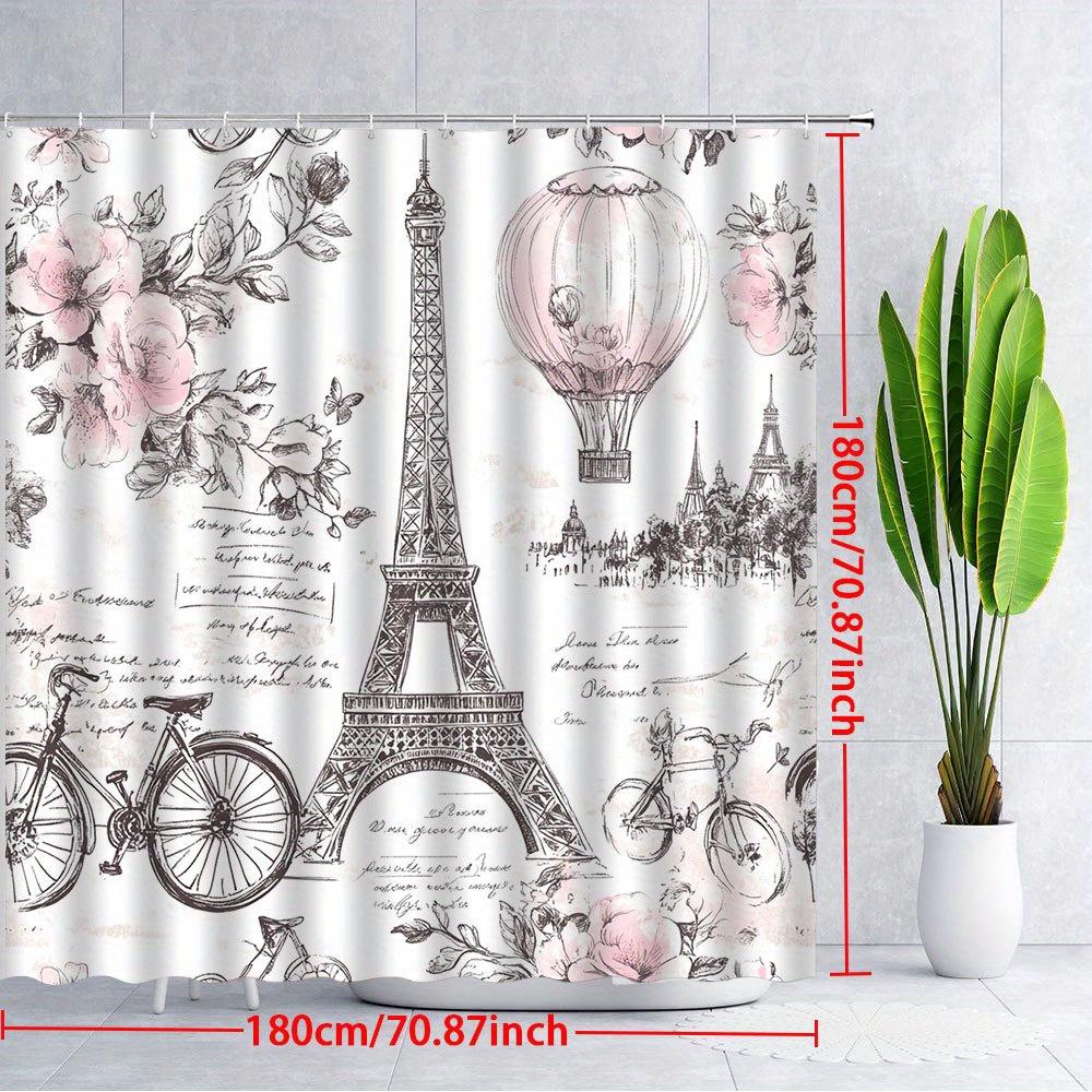 Rideau de douche luxueux Tour Eiffel Parisienne Décor de salle de bain floral rose vintage Polyester Rideau imperméable Décoration de maison S