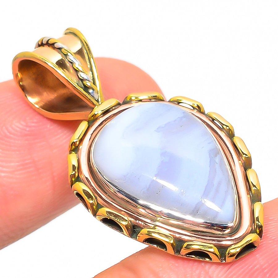Natural Blue Lace Agate Two Tone 925 Solid Sterling Silver Pendant 1.50'' m4j45