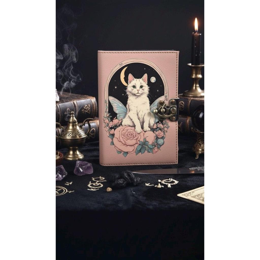 Cat Grimoire Journal – Blank Book of Shadows | Leather Spell Book of Wisdom | Handmade Witchy Sketchbook Moon Magic Tarot Notebook