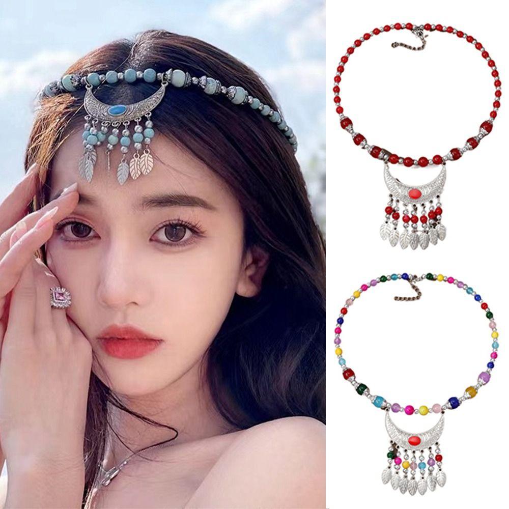 Tibetan Jewelry Bohemia Headwear Ethnic Photo Prop Photography Headband Long Chain Red Stone Hairdress Accessory Gypsy Women