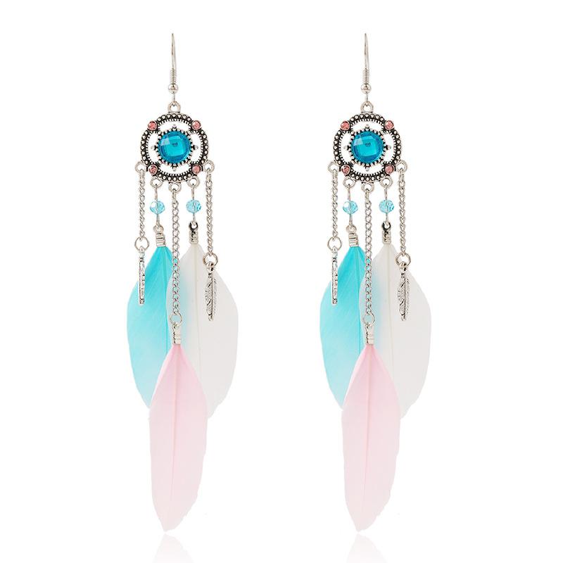 New Vintage Round Rhinestone Feather Earrings for Women Ethnic Elegant Long Drop Earring Wedding Vacation Female Jewelry