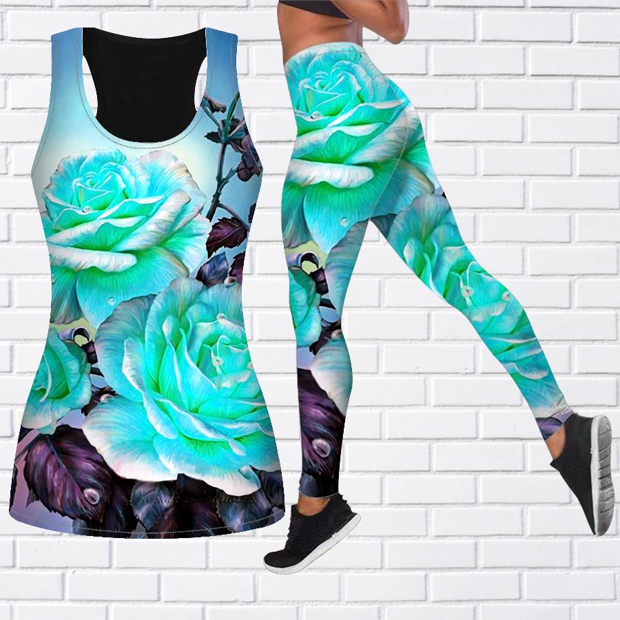 Rosa Tropfen-Rosen-Print-Yoga-Outfit für Damen, modische Workout-Leggings, Fitness, Sport, lässige Yoga-Hose