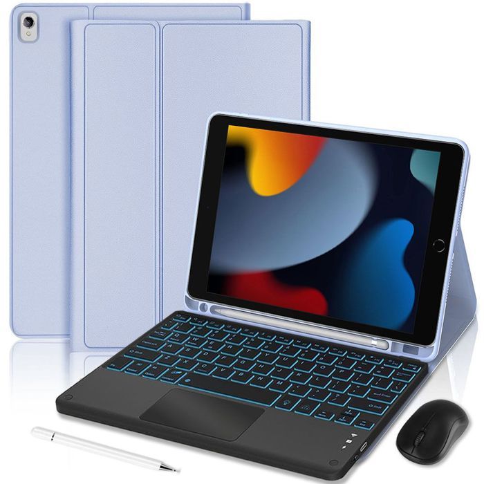 Keyboard Case for iPad 10.2" (7th/8th/9th Gen) Lavender Leather Effect with Backlit Keyboard + Wireless Mouse + Stylus