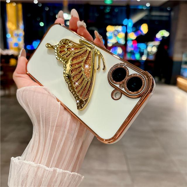 For iPhone 16 Pro Max Luxury Flash Plating Pattern Frame Butterfly Holder Phone Case For iPhone 11 12 13 14 15 Plus Stand Cover