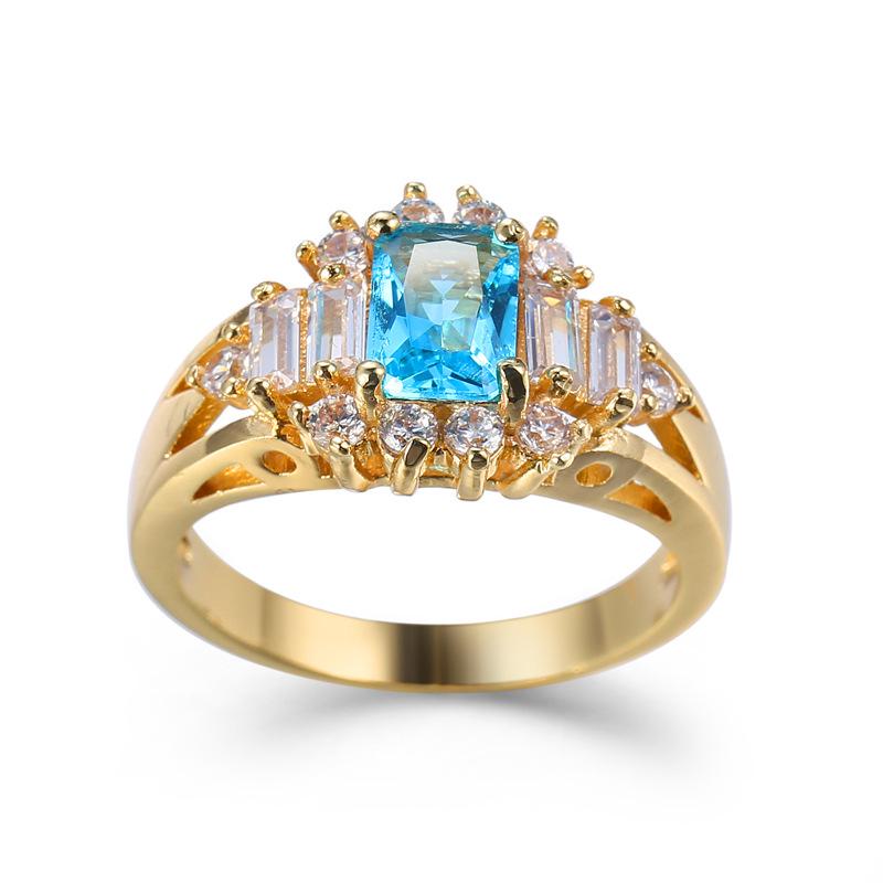 Romantic Trendy Wedding Crystal Accessories Bridal Rings Gold Color Blue Cubic Zirconia Women Ring New 2021 Party Christmas