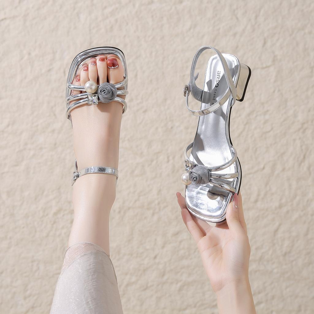 French Thick-heeled Sandals Female 2025 New Summer Fashion Rhinestone Fairy with Skirt Temperament One-word Belt Roman Shoes