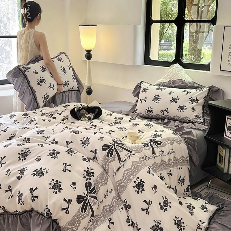 Vintage French Duvet Cover Set, Luxury Black Floral Bedding, Ruffle Design Pillowcases, Girl Woman Bedroom Decor Comforter Cover