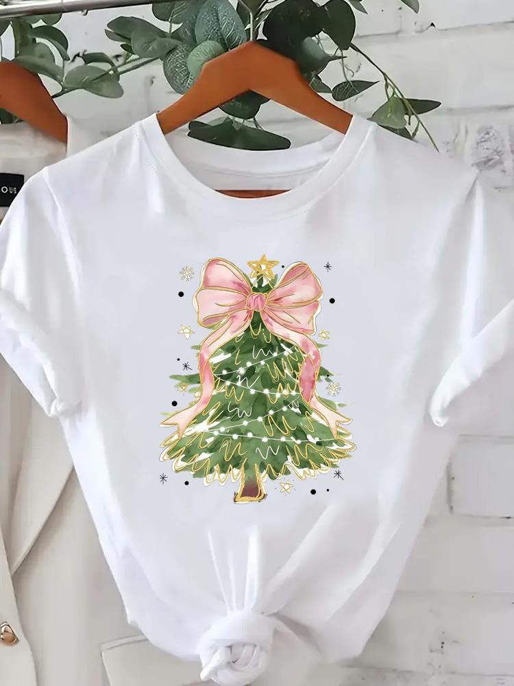 (Asian Size) Short Sleeve T-shirts  Print merry Christmas o-neck festival lovely Women's Top new year T Clothing Fashion holiday Graphic Tee