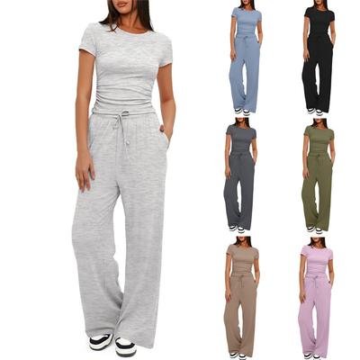 Ladies' Slim Fit Solid Color Casual Short Sleeved Top, High Waist Wide Leg Pants Sports Suit