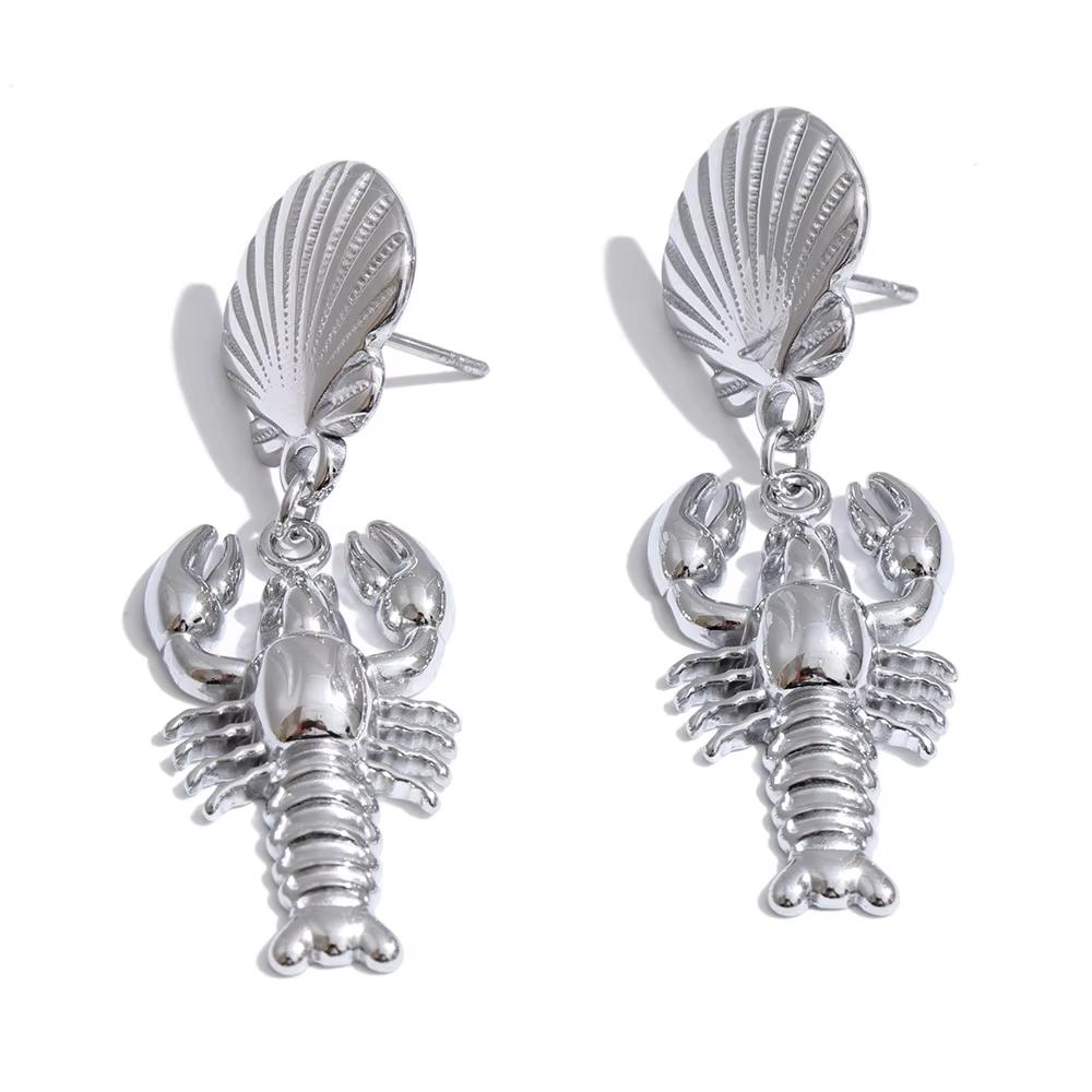 Yhpup Ocean Series Stainless Steel Crayfish Drop Hoop Earrings High Quality Natural Pearls Beach Daily Wear Jewelry for Women