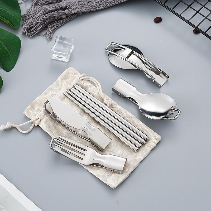 Design pliabil creativ Set de veselă portabil pentru picnic în aer liber, pliabil, din oțel inoxidabil, lingură de salată, furculiță, betisoare, unelte de bucătărie