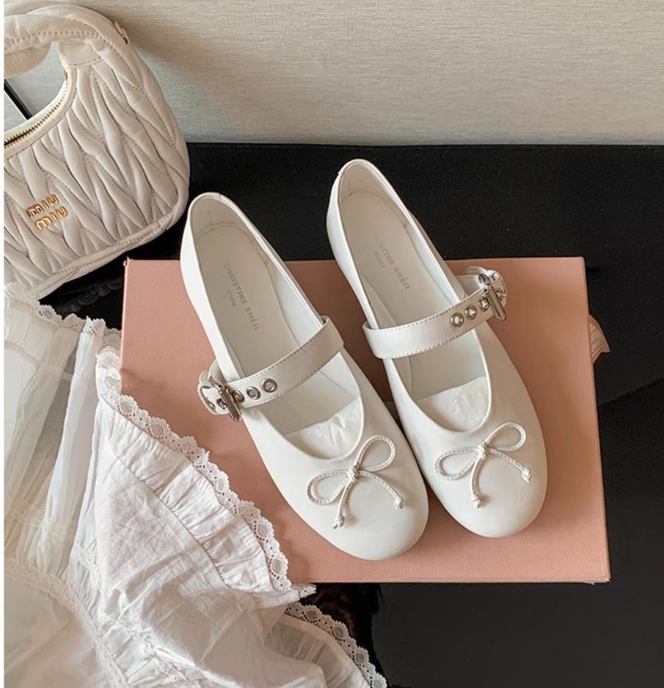 

[sheii] Chic girl~ bow lambskin flat ballet shoes single shoes women s Mary Jane shoes 35 белый