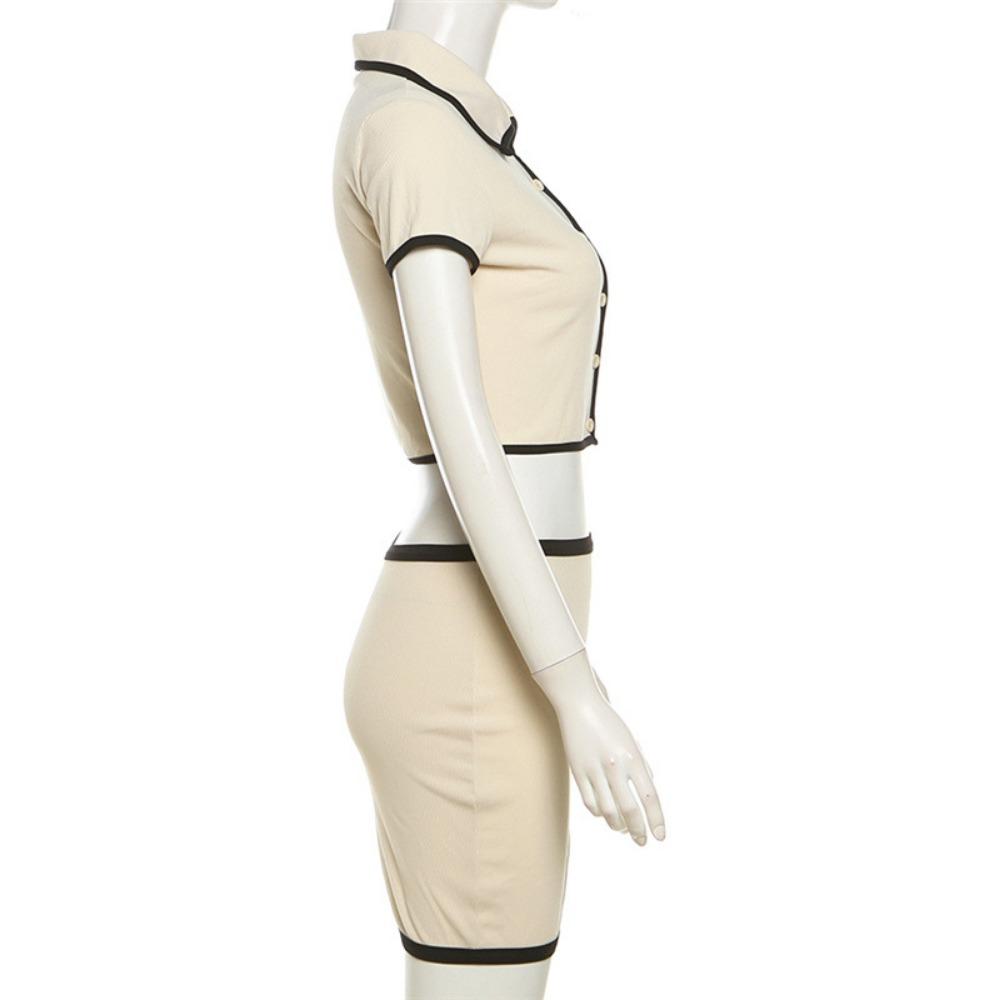 Women 2 Piece Set Polo Neck Button Shorts Crop Tops+Mini Skirts Matching Stretch Elegant Streetwear Outfits Short Skirt Set