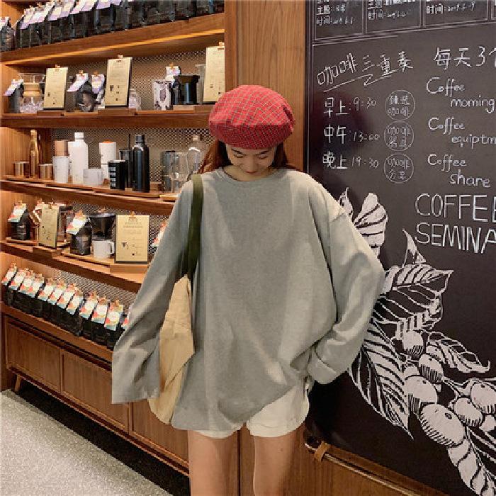 Spring and Autumn Women's Loose Solid Colour Long Sleeve Plus Size Tops