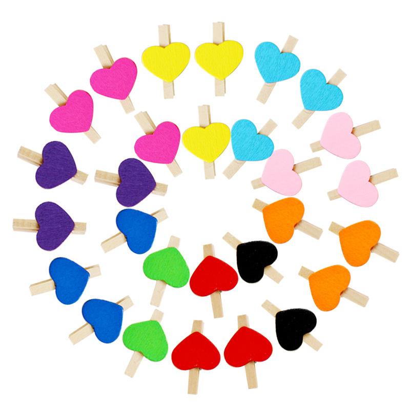 50Pcs Wooden Colored Love Heart Photo Clip Memo Paper Diy Photo Clips Wedding Decoration Postcard Clips Clothespin Home Decor