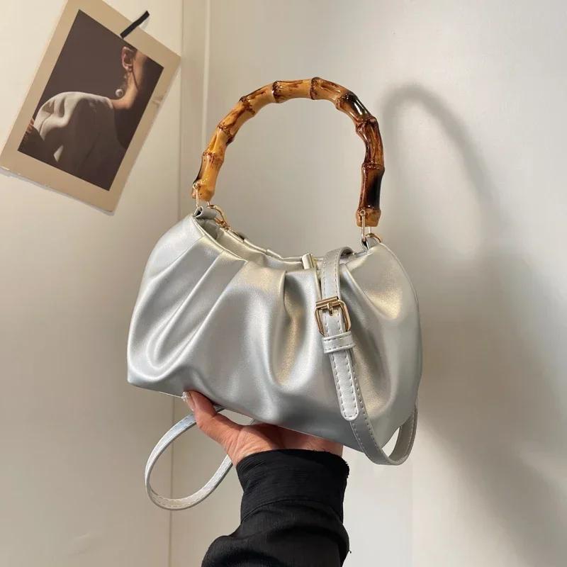 Solid PU Pleated Hand Bags for Women Bamboo Handle with Zipper Buckle Fashion