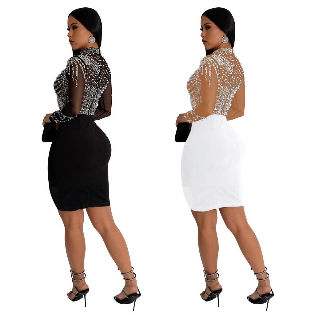 European & American Fashion Women's Solid Color Mesh Long Sleeve Mini Dress with Hot Drilling.