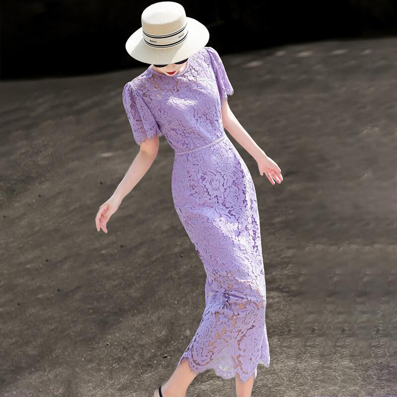 Lanse er 2026 Elegant French Lace Short Sleeve Midi Dress L