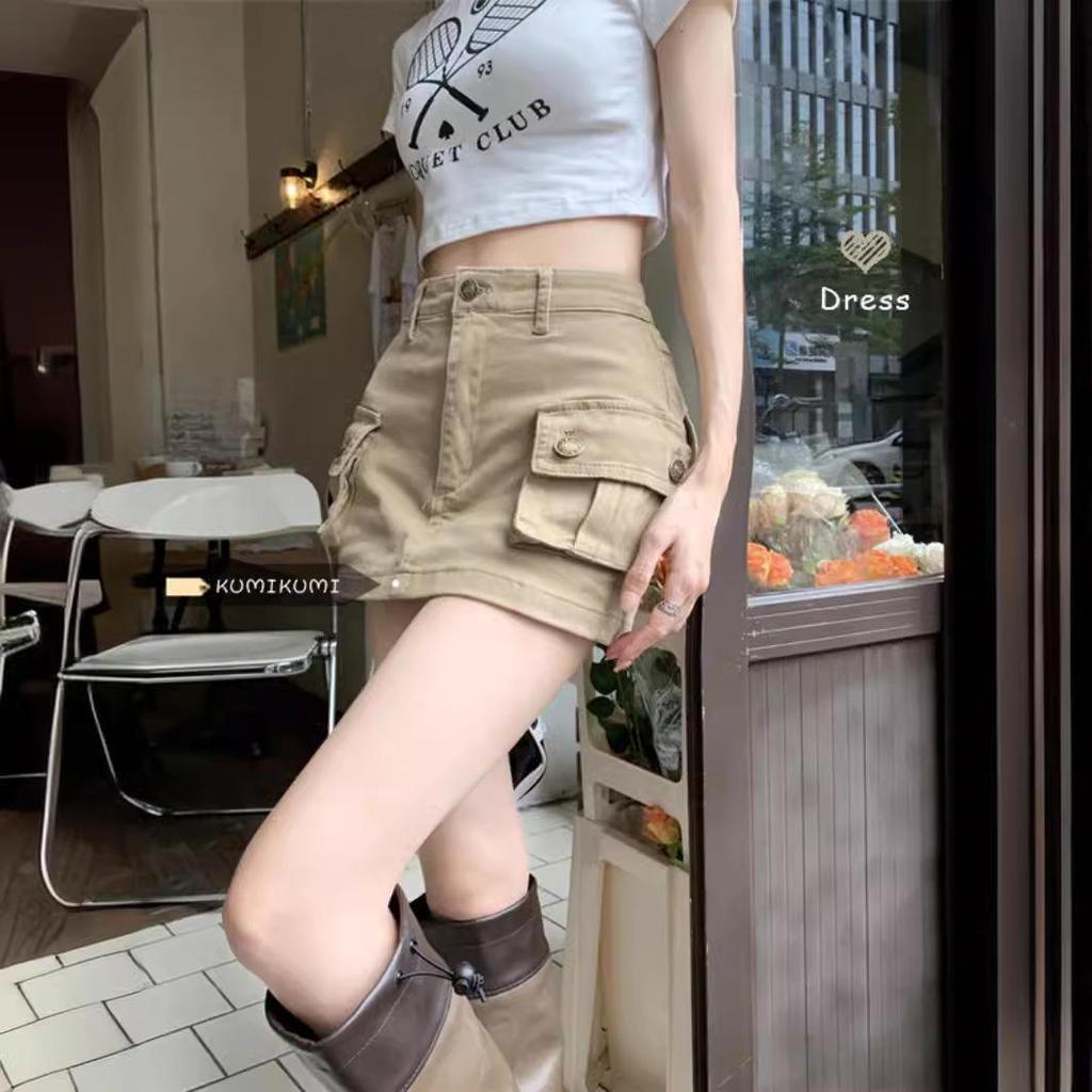 2023 Summer Khaki Denim Workwear Dress: Slimming American Style, High Waist A-Line Midi Skirt