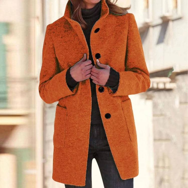 Women's Casual Solid Color Woolen Jacket with Collar and Pocket Long Sleeve Button Up Coat