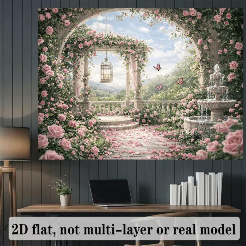 2D Pink Rose Garden Backdrop Romantic Archway Photography Background