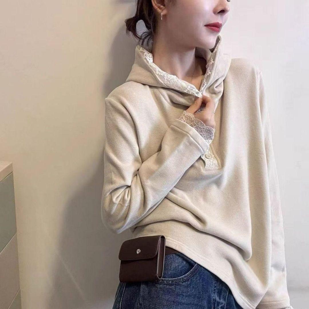 

Women s Plus Size Velvet Lace Hooded Long Sleeve Top - Autumn/Winter Slimming Style M (80-100 lbs) абрикосовий
