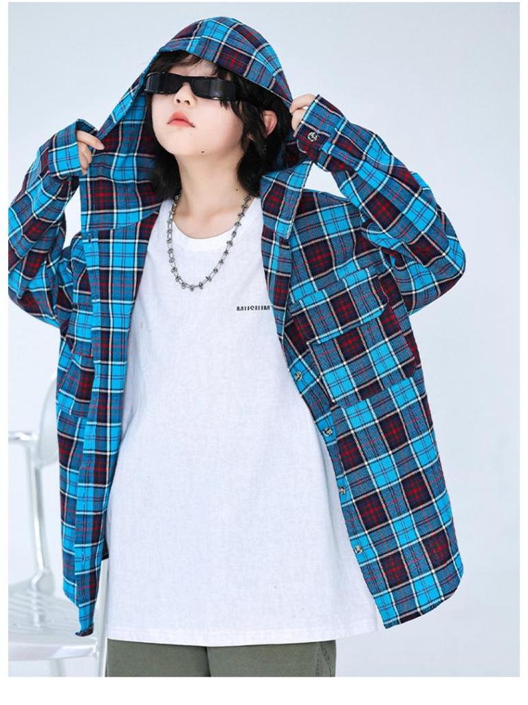 Spring & Autumn 2024 Boys' Classic Plaid Hooded Long-Sleeve Shirt