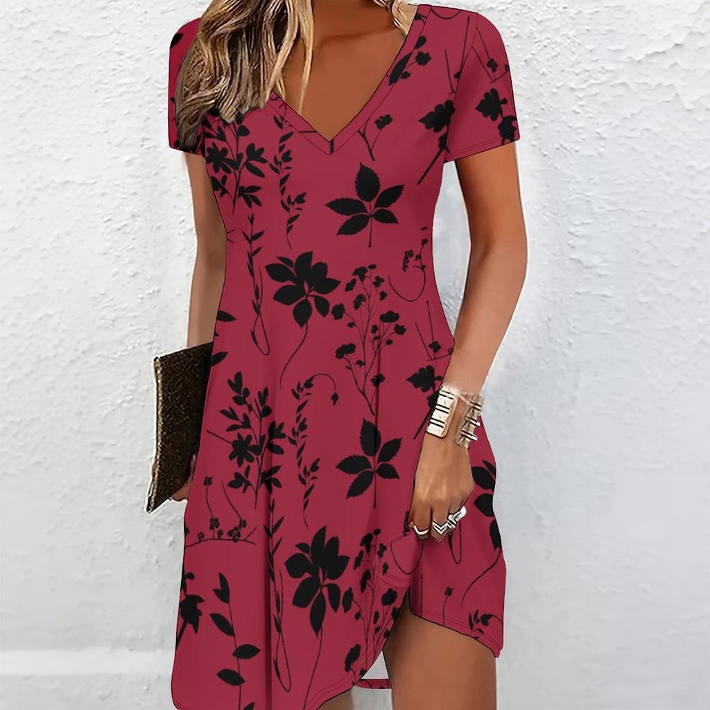Zomer Mode Dames V-hals Korte Mouw Kleurrijk Patroon Bedrukt Jurk Sexy Korte Rok Jurken