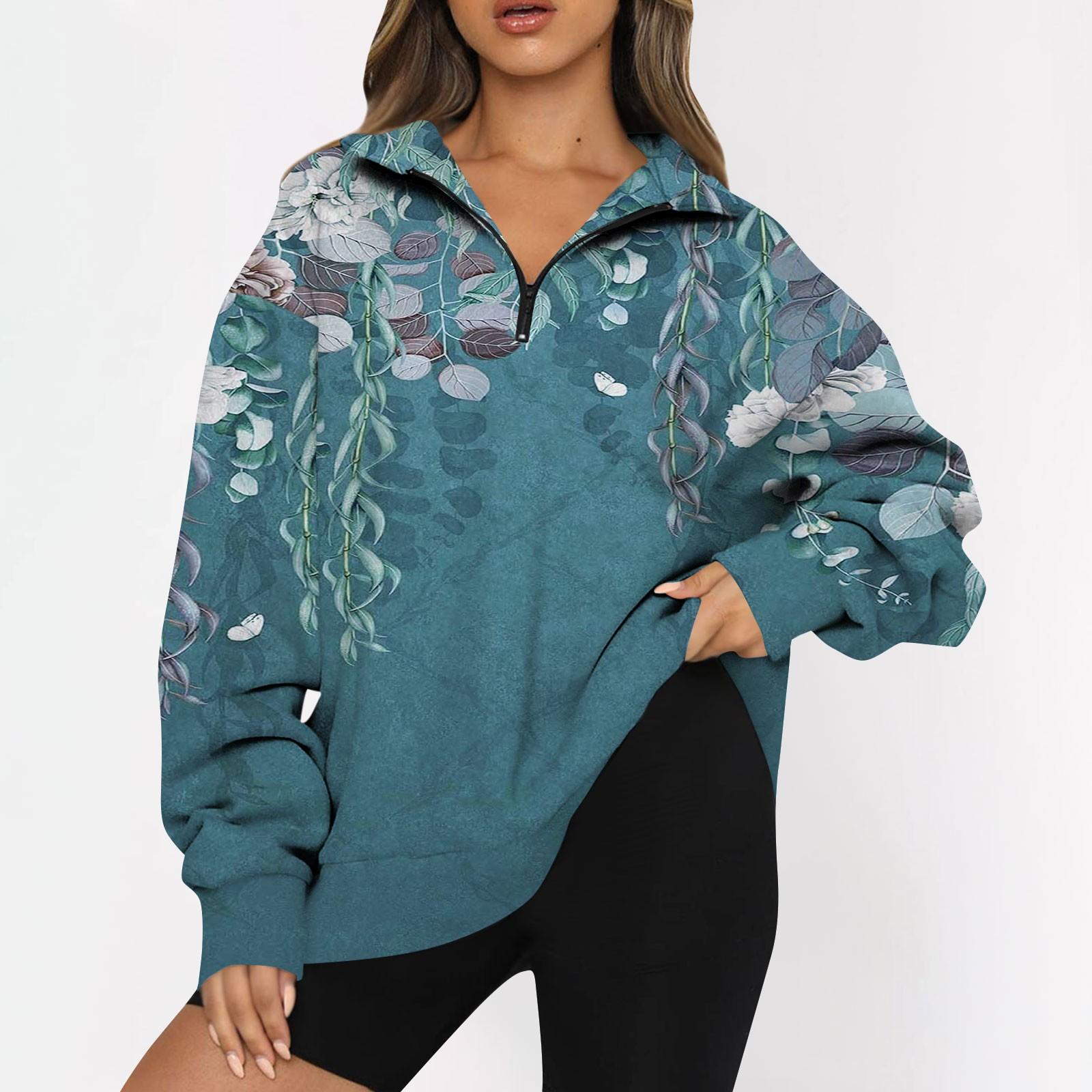 

Женские повседневные модные толстовки с цветочным принтом и длинным рукавом на молнии с заниженными плечами, уличные толстовки большого размера XXL тёмно-синий