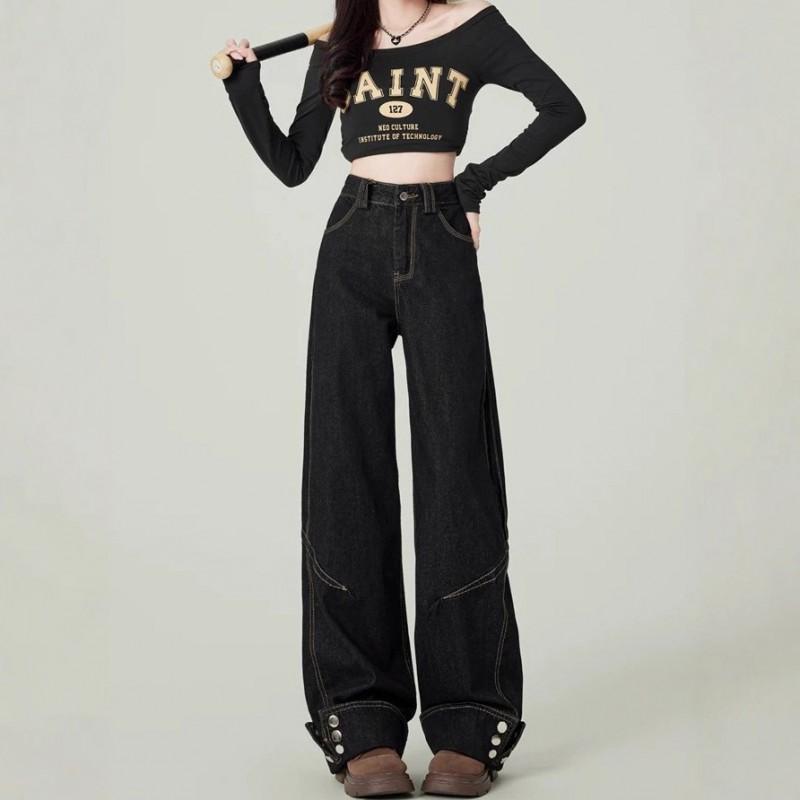 Womens Baggy Straight Leg Jeans American Vintage Loose Fit Wide Denim Pants Couple Style