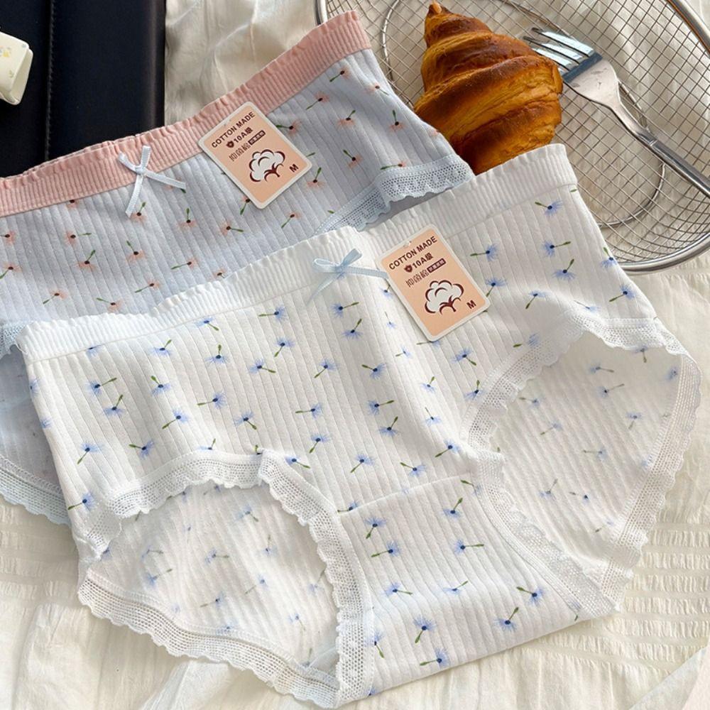 5Pcs Cotton Crotch Lace Flower Panties Bowknot Underwear for Women Soft Sweet Floral Briefs  Gifts