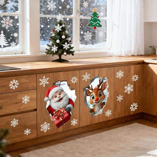 Juleveggklistremerke Realistisk Selvklebende Julenisse Veggdekorasjon 3D Visuell Effekt Tegneserie Elg Klistremerke for Vegger Hjem Stue Lekerom Dekor