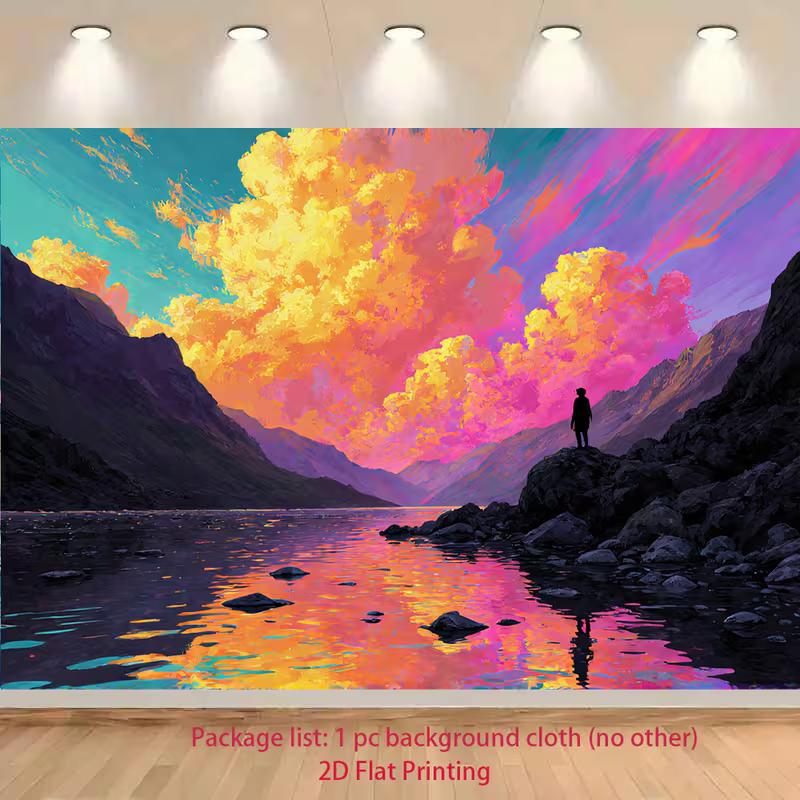 2D Sunset Mountain Lake Photo Backdrop Nature Portrait Decor Cloth 47.2x31.5inch/120*80cm