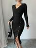 Women's Knitted Elegant Wrap Dress High Waist Bodycon Midi V-neck Long Sleeve Autumn Winter Dresses