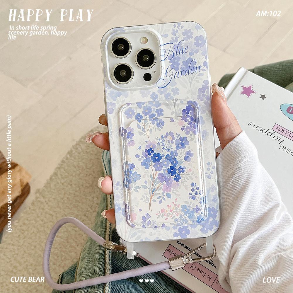 Blue Floral Lanyard Card Holder Suitable for IPhone 16pro Phone Case  IPhone 15 Protective Case  14 Card Insertion 13 Soft