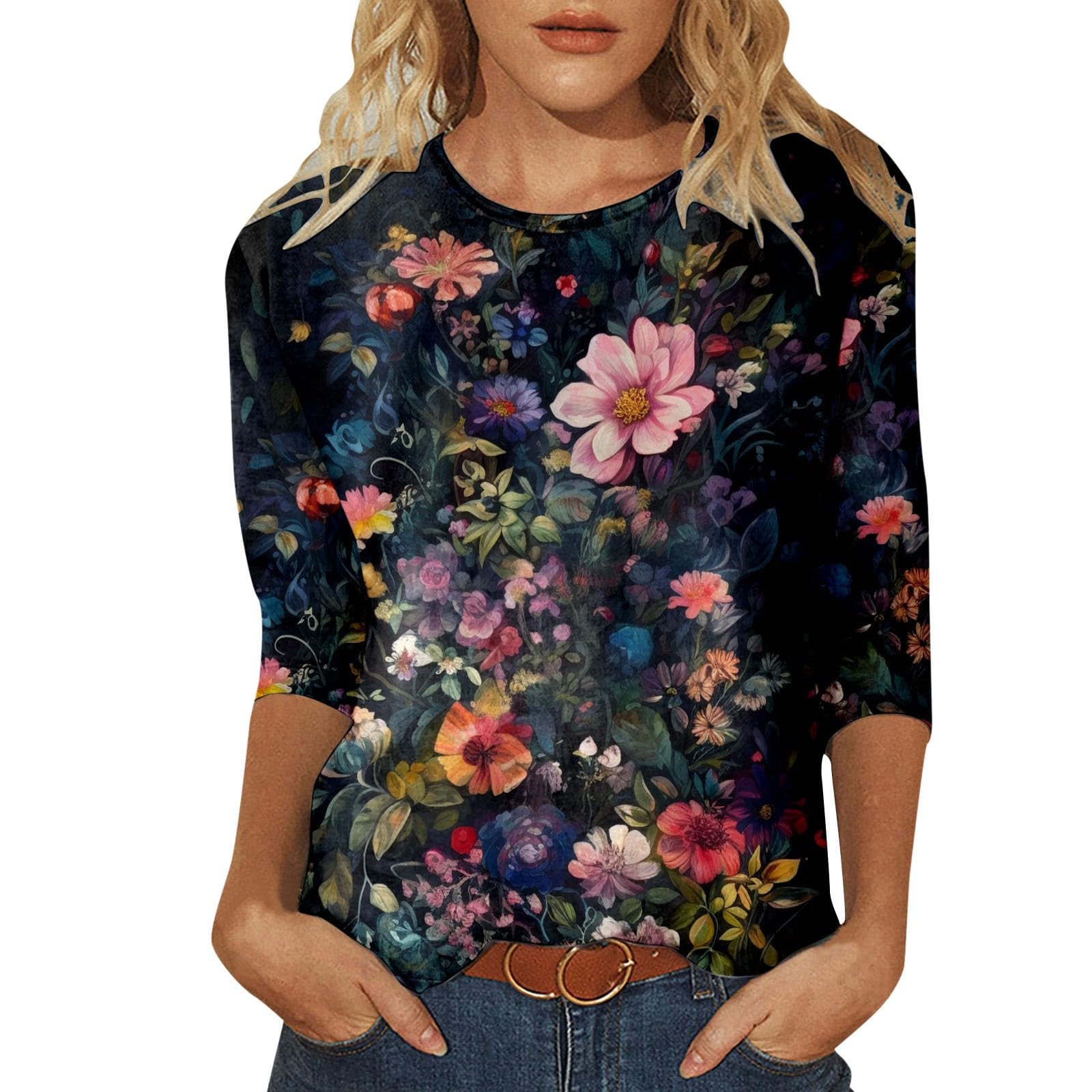

Women s T-shirt 3d Print Vintage Floral Print Casual Long Sleeve Round Neck Regular Tops Daily Print Pink Spring and Autumn 6XL
