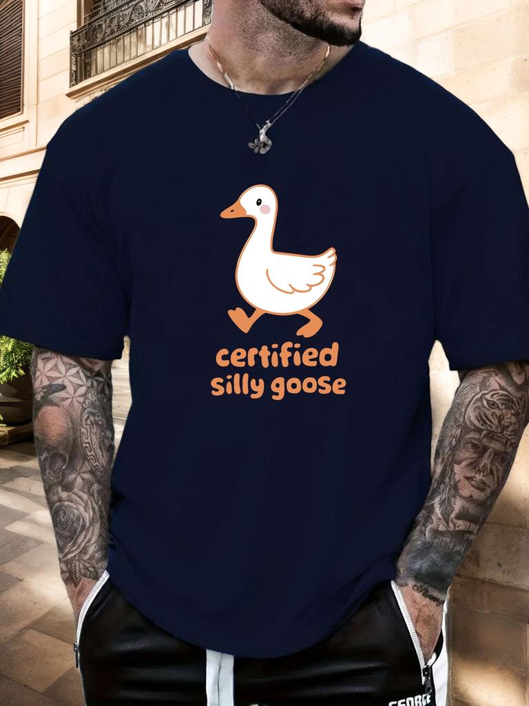 Mens Casual Tshirt Silly Goose Print Short Sleeve Round Neck Breathable Soft Oversized Fun Daily Wear Tee