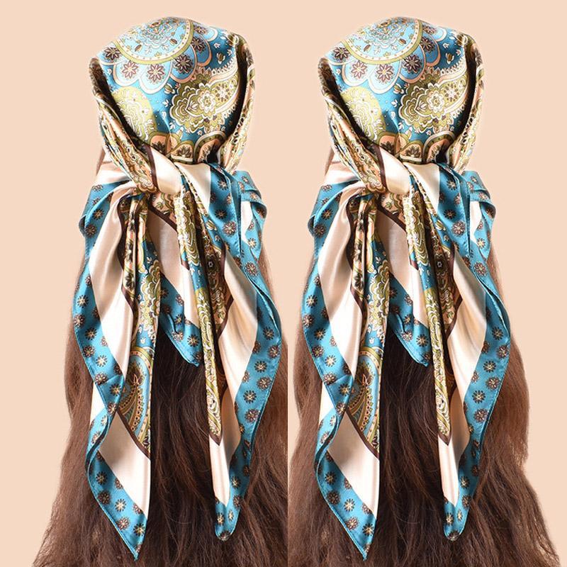 2Pcs Luxury  Silk Satin Square Scarf Women Hijab Bandana Muslim Headscarves Shawl Wrap Ladies Headband Neckerchief Foulard