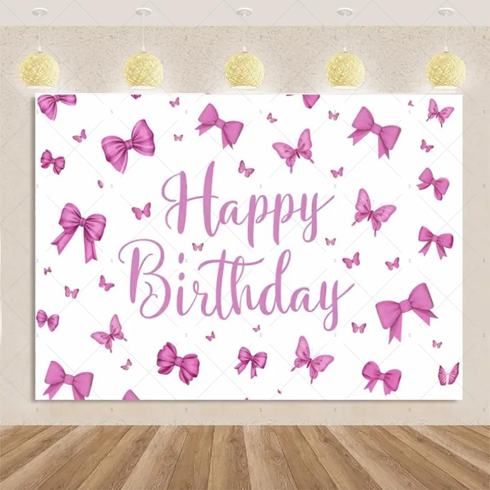 Pink Bow Tie Background Banner Girls Birthday Party Decorations Balloon Flower Photography Backdrop Supplies Photo Shoot Props