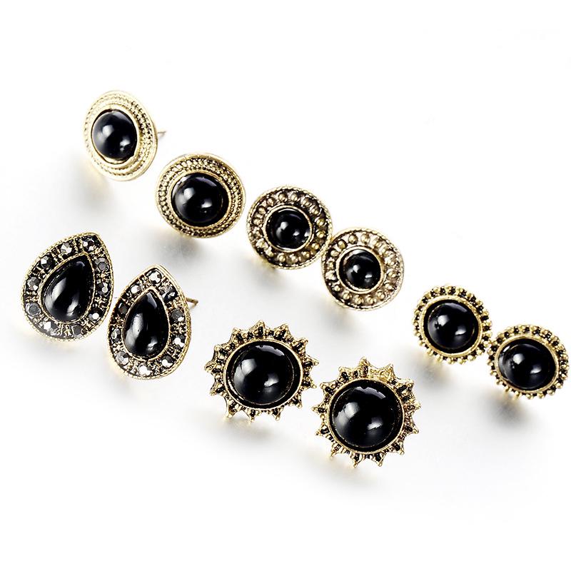 European and American Retro Gemstone Water Drop Stud Earrings Set - 5 Pairs