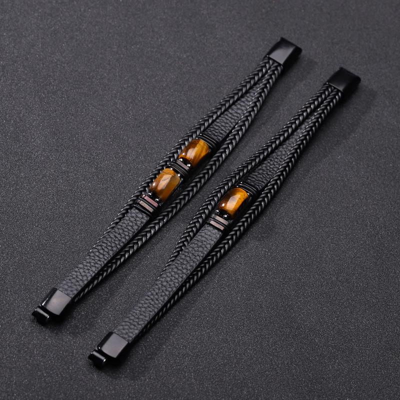 Men's Multi-layer Leather Bracelet with Tiger Eye and Stone Beads, Magnetic Clasp