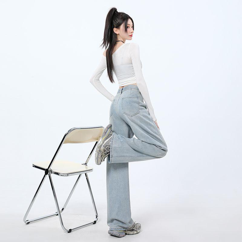 Light Blue Narrow Version Wide-leg Jeans for Women In Spring and Autumn New High-waisted Slimming Draping Loose Straight-leg Mopping Pants