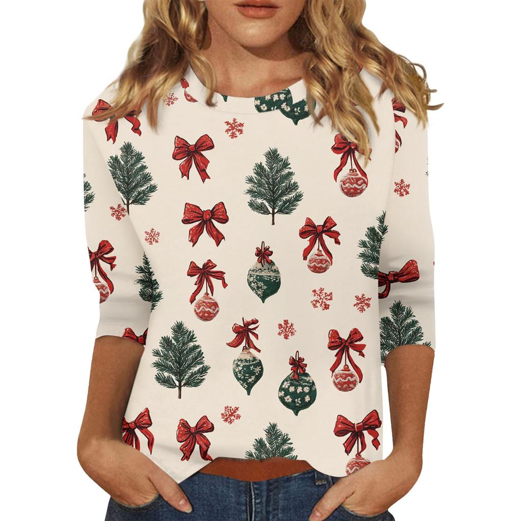 Women's O-Neck 3/4 Sleeve Christmas Print Top
