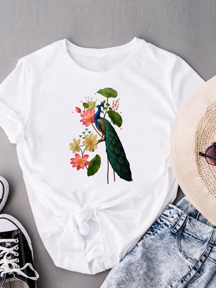 (Asian Size) flower watercolor cute Casual Women's Top Print Short Sleeve T-shirts T Clothing O-neck Fashion Female Graphic Tee