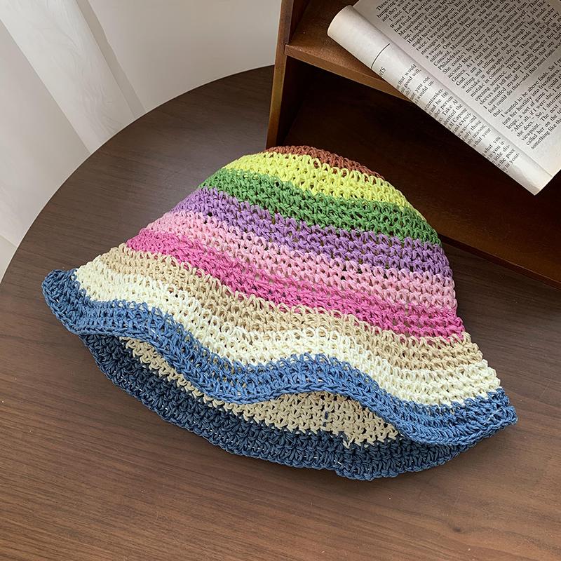 Di Lizheba Rainbow Hat Female Summer Visor Female Sunscreen Hat Dopamine Straw Hat Woven Bucket Hat